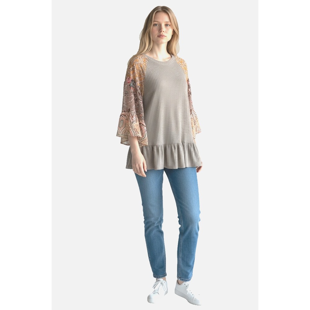 Umgee Women's Mixed Media Top Blouse Tunic S Gray Bell Sleeve Boho CottageCore
